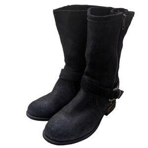 UGG Silva Moto Boots Black Suede Leather Buckle Australia Womens 7‎ Side Zip